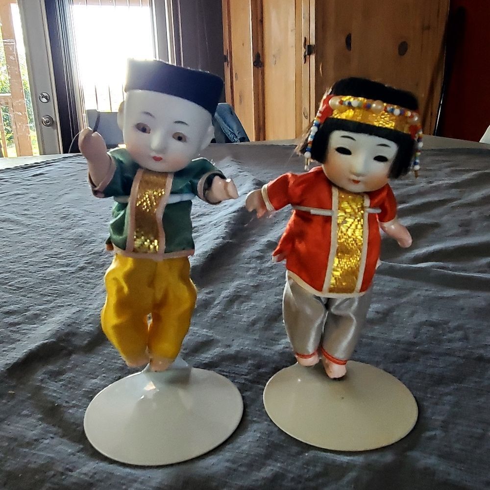 Vintage Push-Voice Chinese Dolls – Traditional Boy & Girl Pair w/ Stands *SALE*